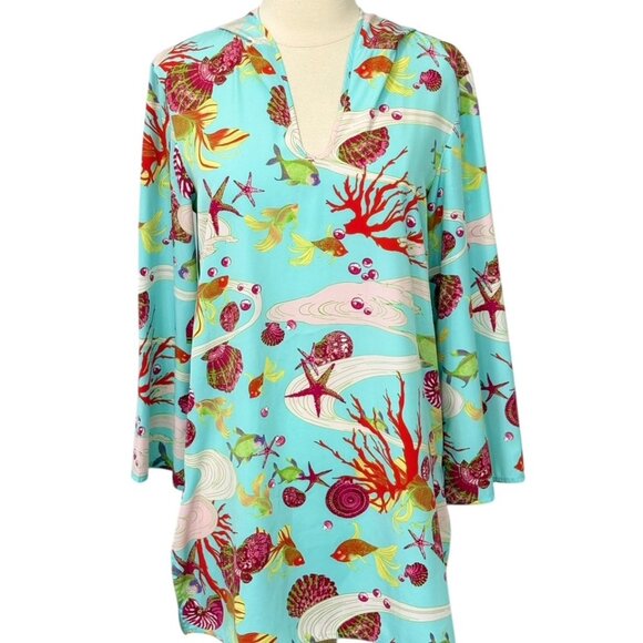 Natori Other - Natori Swim Cover-Up Tunic w/Hood Long Sleeve Coral Reef Ocean Starfish Size XS